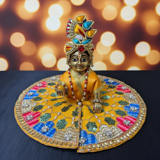 Yellow Multicolor Laddu Gopal Ji Summer Poshak – Floral Handwork Dress for Thakur Ji
