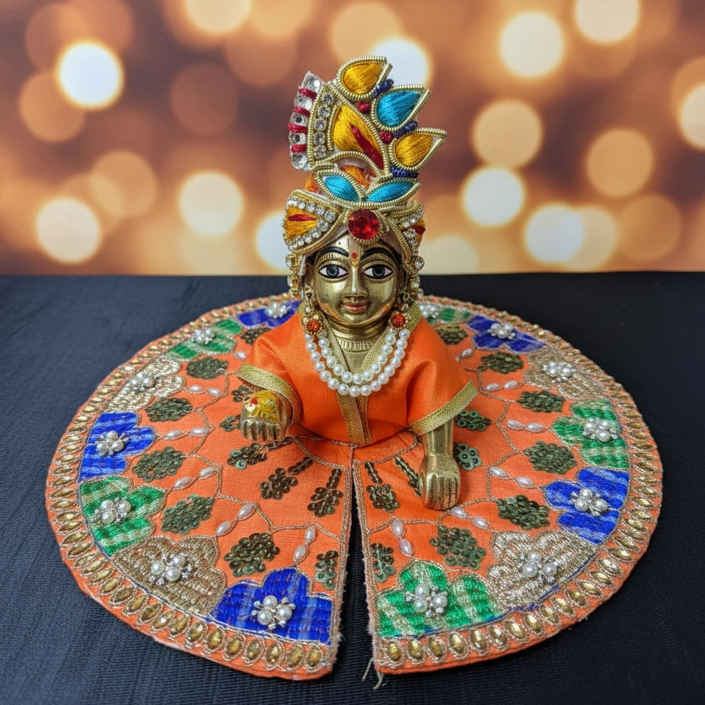 Orange Multicolor Laddu Gopal Ji Summer Poshak – Floral Zari Handwork Dress for Thakur Ji