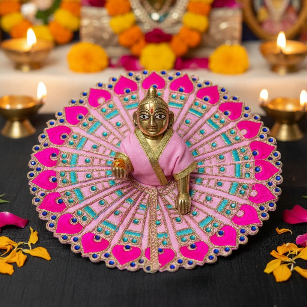 Pink Peacock Embroidered Laddu Gopal Ji Poshak