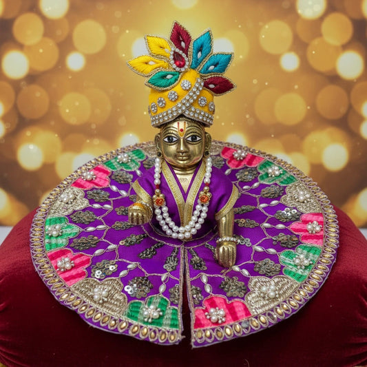 Purple Multicolor Laddu Gopal Ji Summer Poshak – Floral Zari Handwork Dress for Thakur Ji