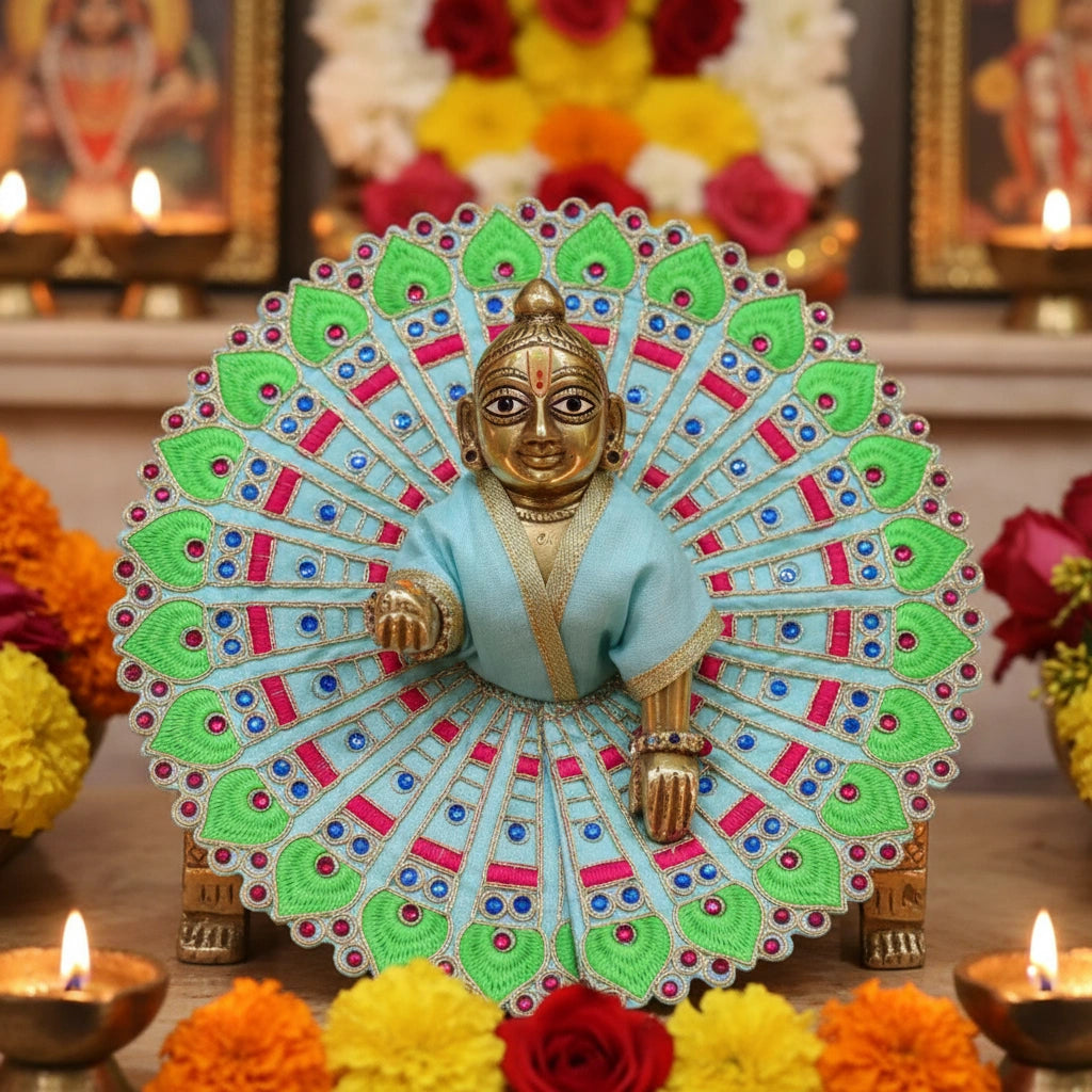 Sky Blue & Green Peacock Embroidered Laddu Gopal Ji Poshak