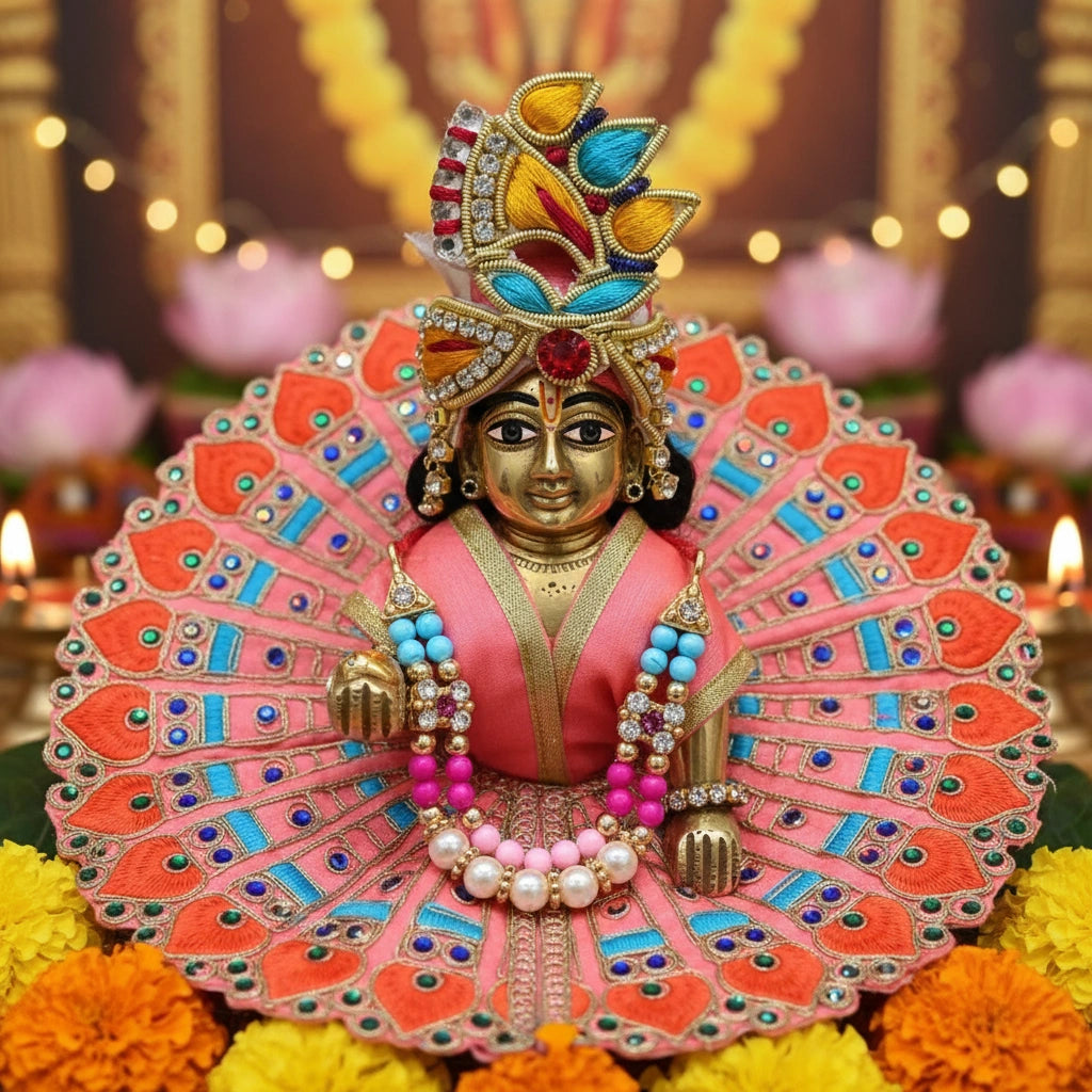 Pink & Orange Peacock Embroidered Laddu Gopal Ji Poshak
