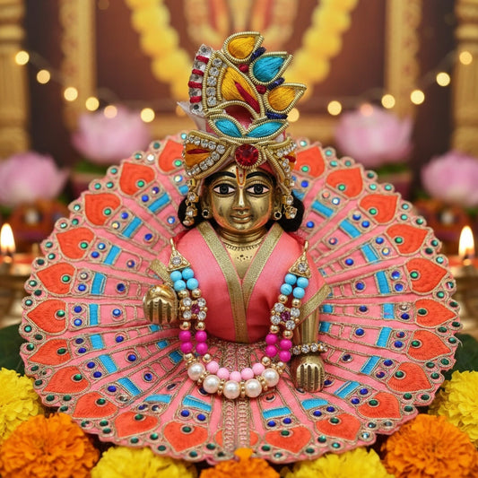 Pink & Orange Peacock Embroidered Laddu Gopal Ji Poshak