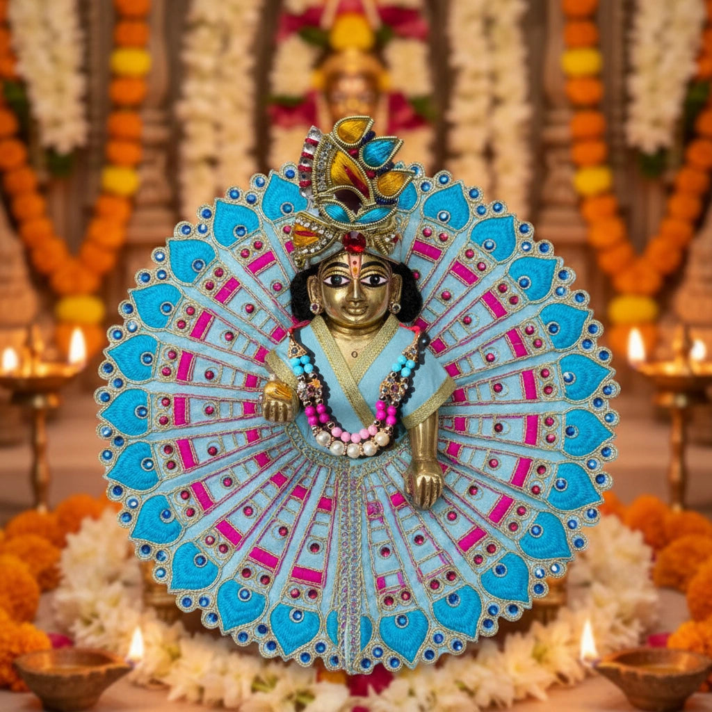 Sky Blue Peacock Embroidered Laddu Gopal Ji Poshak