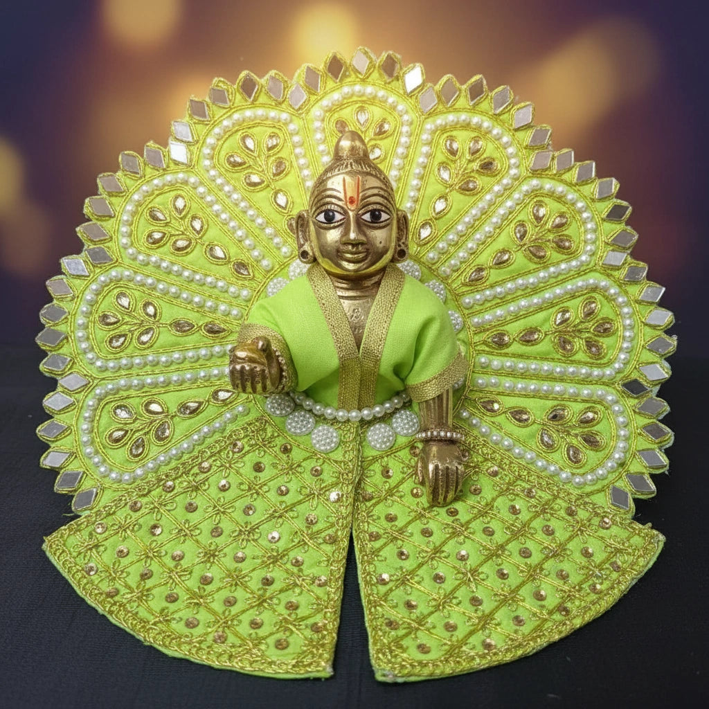 Green Laddu Gopal Poshak with Heavy Zari, Pearl & Mirror Work