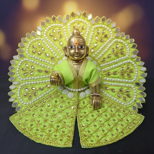Green Laddu Gopal Poshak with Heavy Zari, Pearl & Mirror Work