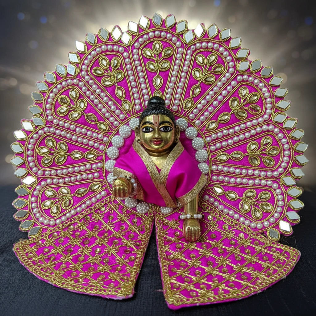 Pink Laddu Gopal Poshak with Heavy Zari, Pearl & Mirror Work