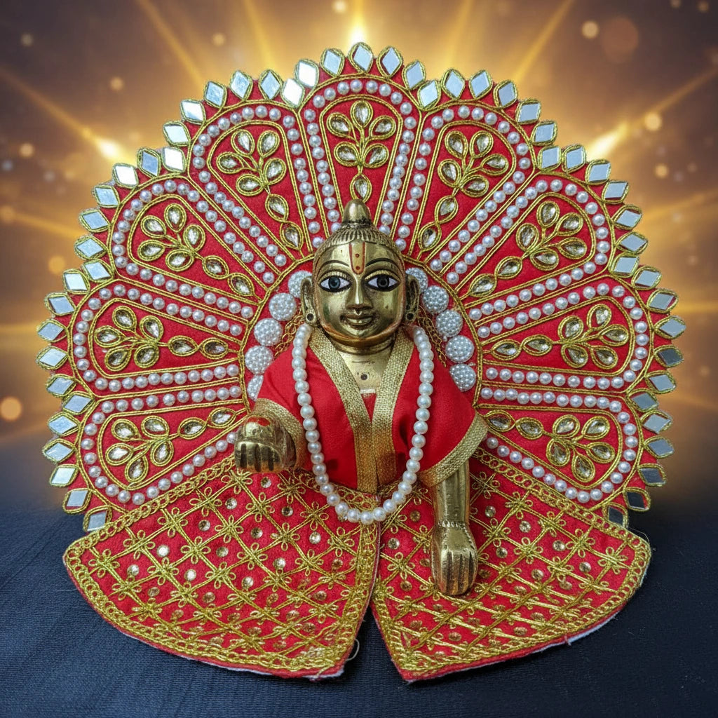 Red Laddu Gopal Poshak with Heavy Zari, Pearl & Mirror Work