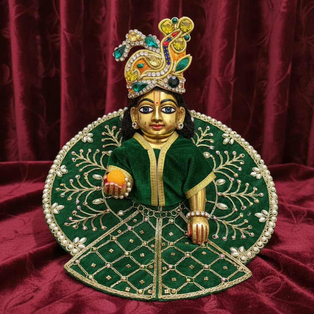 Royal Green Velvet Laddu Gopal Ji Poshak | Premium Pearl & Stone Embroidered Dress