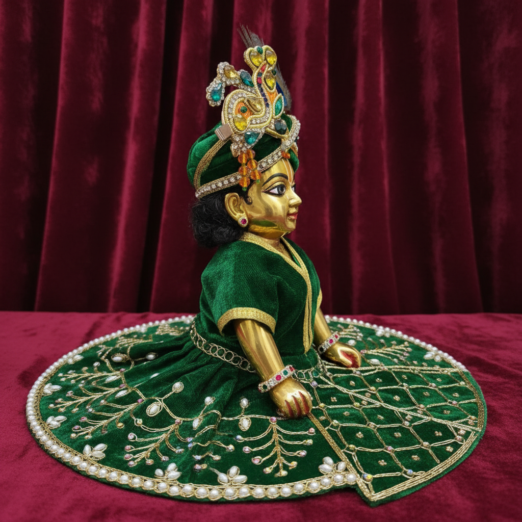 Royal Green Velvet Laddu Gopal Ji Poshak | Premium Pearl & Stone Embroidered Dress