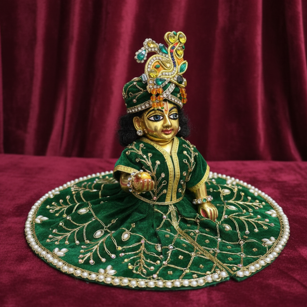 Royal Green Velvet Laddu Gopal Ji Poshak | Premium Pearl & Stone Embroidered Dress