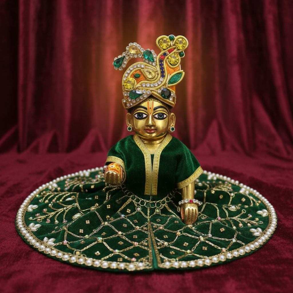 Royal Green Velvet Laddu Gopal Ji Poshak | Premium Pearl & Stone Embroidered Dress