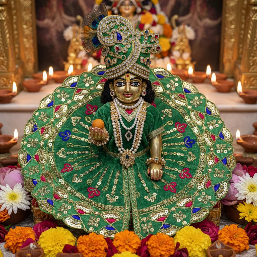 Green Sequin Work Laddu Gopal Poshak with Velvet Fabric | Heavy Embroidered Designer Dress