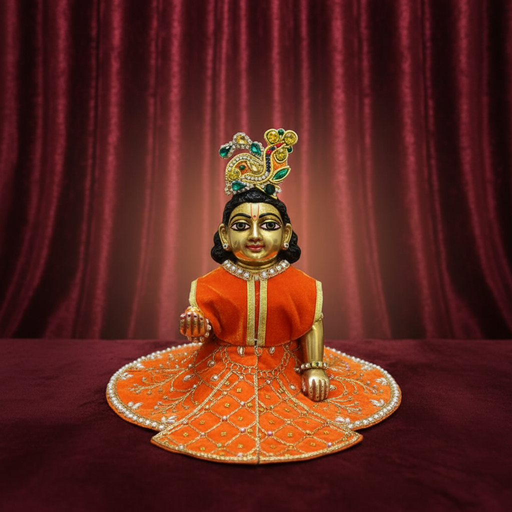 Royal Orange Velvet  Laddu Gopal Ji Poshak | Premium Pearl & Stone Embroidered Dress