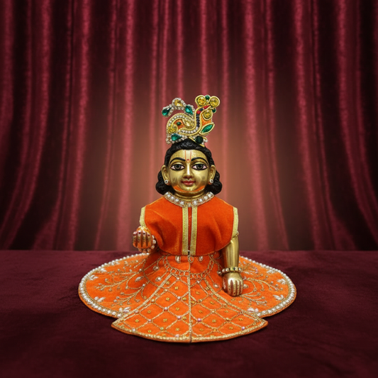 Royal Orange Velvet  Laddu Gopal Ji Poshak | Premium Pearl & Stone Embroidered Dress