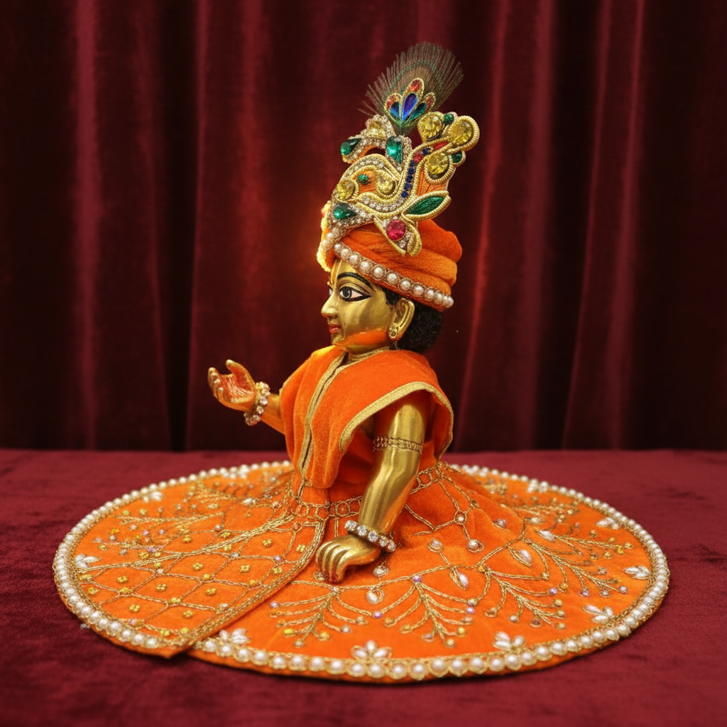 Royal Orange Velvet  Laddu Gopal Ji Poshak | Premium Pearl & Stone Embroidered Dress