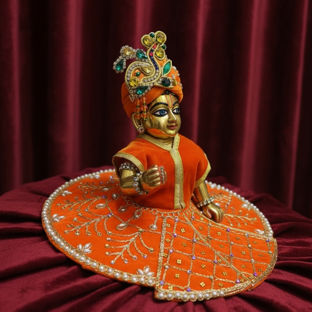 Royal Orange Velvet  Laddu Gopal Ji Poshak | Premium Pearl & Stone Embroidered Dress