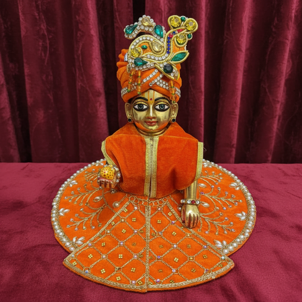 Royal Orange Velvet  Laddu Gopal Ji Poshak | Premium Pearl & Stone Embroidered Dress