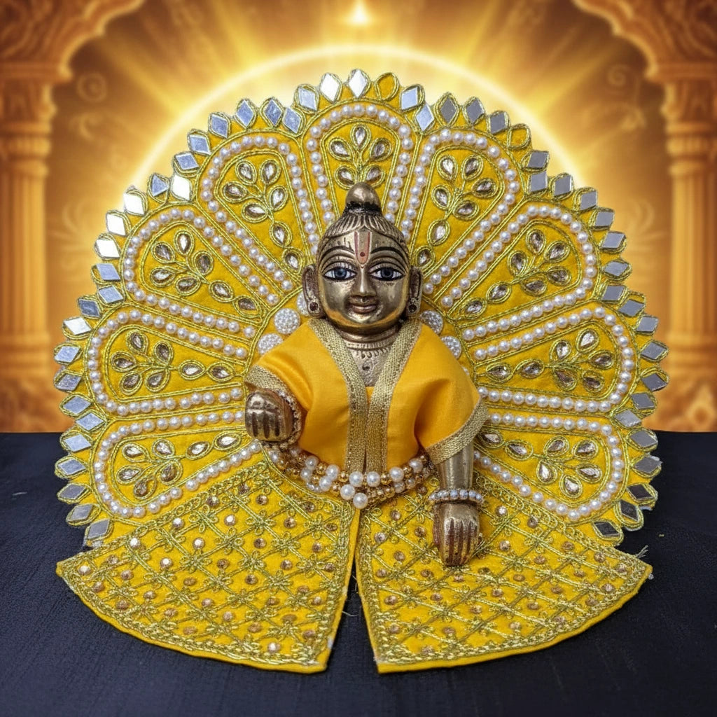 Yellow Laddu Gopal Poshak with Heavy Zari, Pearl & Mirror Work