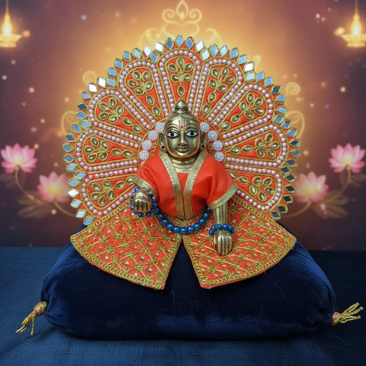 Orange Laddu Gopal Poshak with Heavy Zari, Pearl & Mirror Work