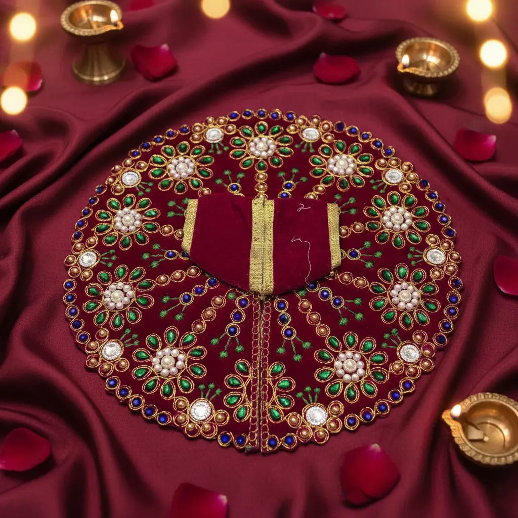 Premium Maroon Velvet Dress for Ladoo Gopal Ji – Heavy Stone & Floral Embroidered Poshak