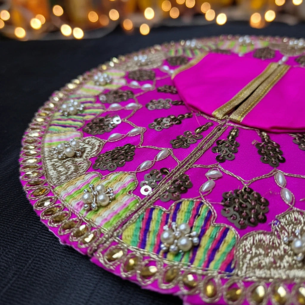 Rani Pink Multicolor Laddu Gopal Ji Summer Poshak – Floral Zari Handwork Dress for Thakur Ji