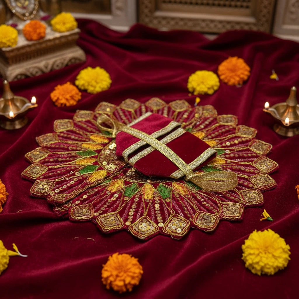 Ladoo Gopal Poshak Maroon Velvet Peacock Poshak | Krishna Ji Warm Shringar