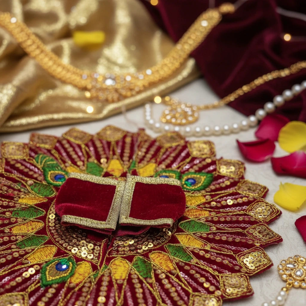 Ladoo Gopal Poshak Maroon Velvet Peacock Poshak | Krishna Ji Warm Shringar