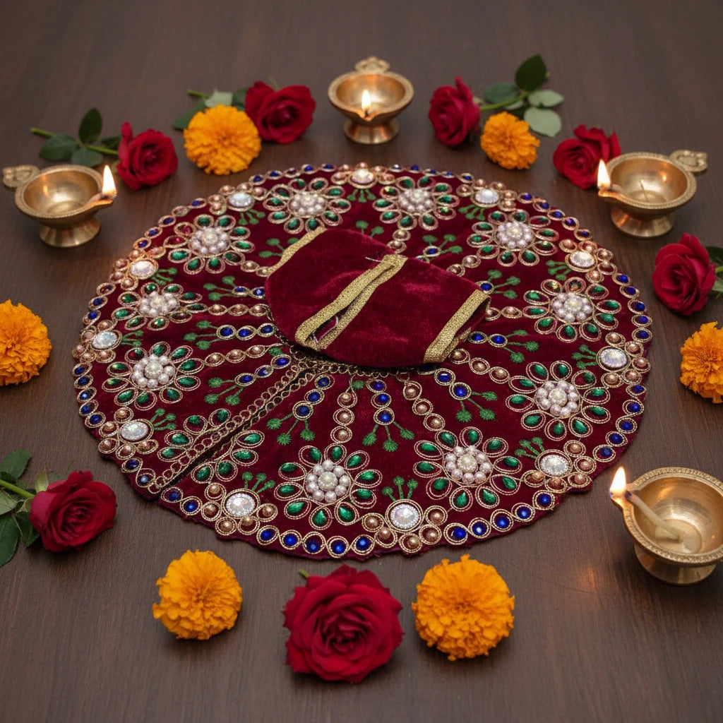 Premium Red Velvet Dress for Ladoo Gopal Ji – Heavy Stone & Floral Embroidered Poshak