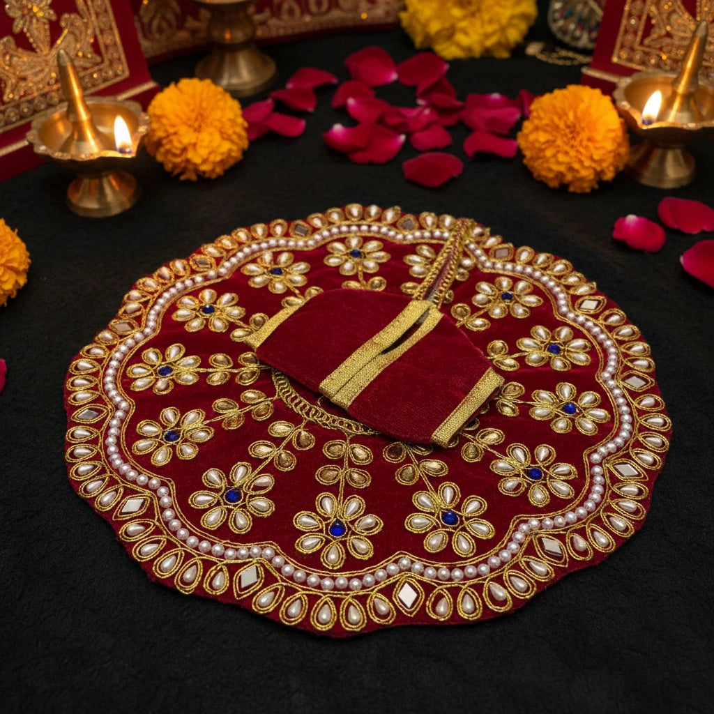 Heavy Stone Embroidered Red Velvet Poshak  for Ladoo Gopal Ji