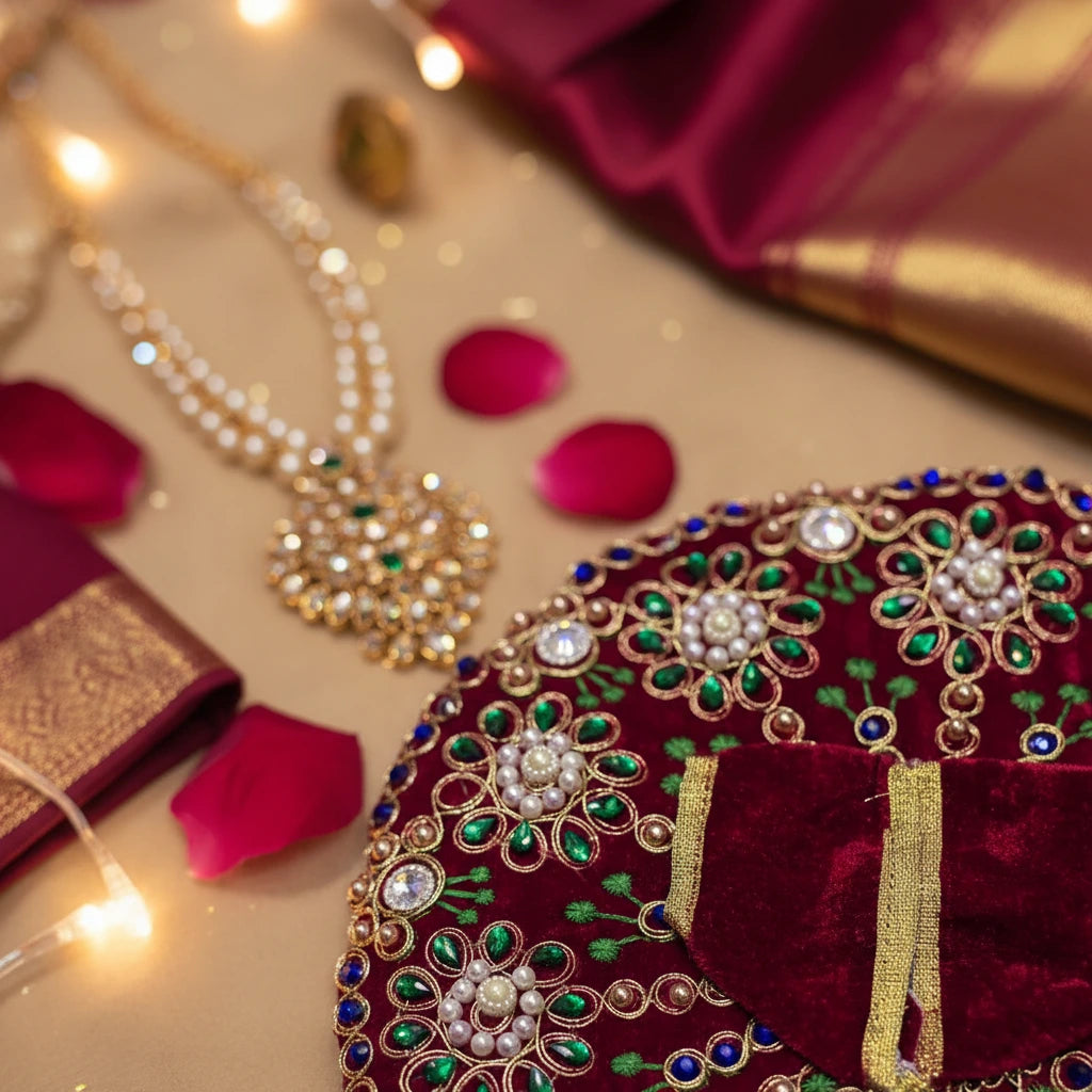 Premium Red Velvet Dress for Ladoo Gopal Ji – Heavy Stone & Floral Embroidered Poshak