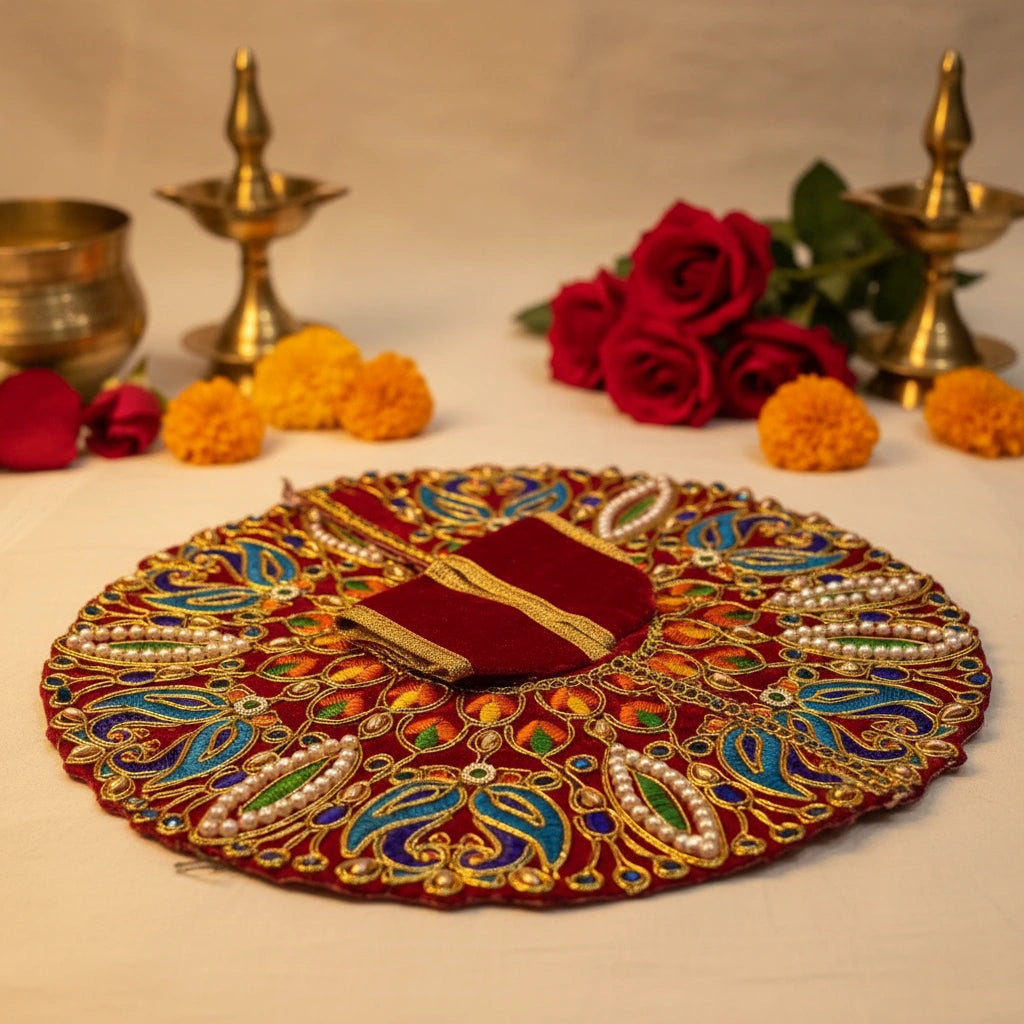 Classic Red Poshak for Ladoo Gopal Ji – Velvet Peacock Embroidered Poshak