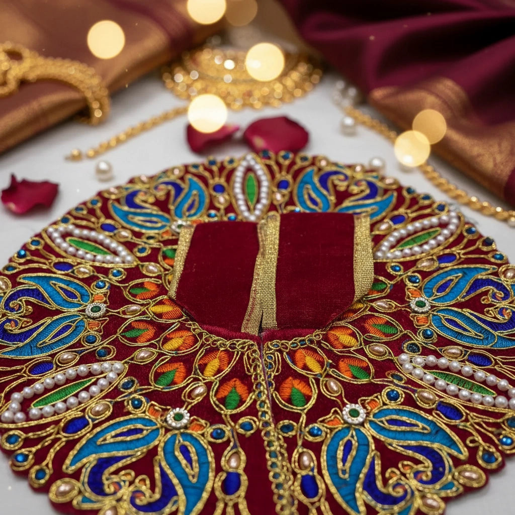 Classic Red Poshak for Ladoo Gopal Ji – Velvet Peacock Embroidered Poshak