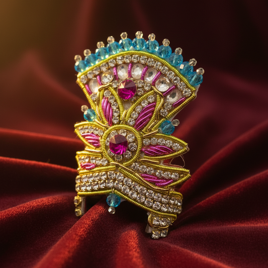 Premium Lotus Design Ladoo Gopal Mukut | Pink & Blue Stone Krishna Crown