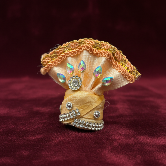 Premium Peach Ladoo Gopal Ji Pagdi | Elegant Krishna Turban with Stones & Golden Lace
