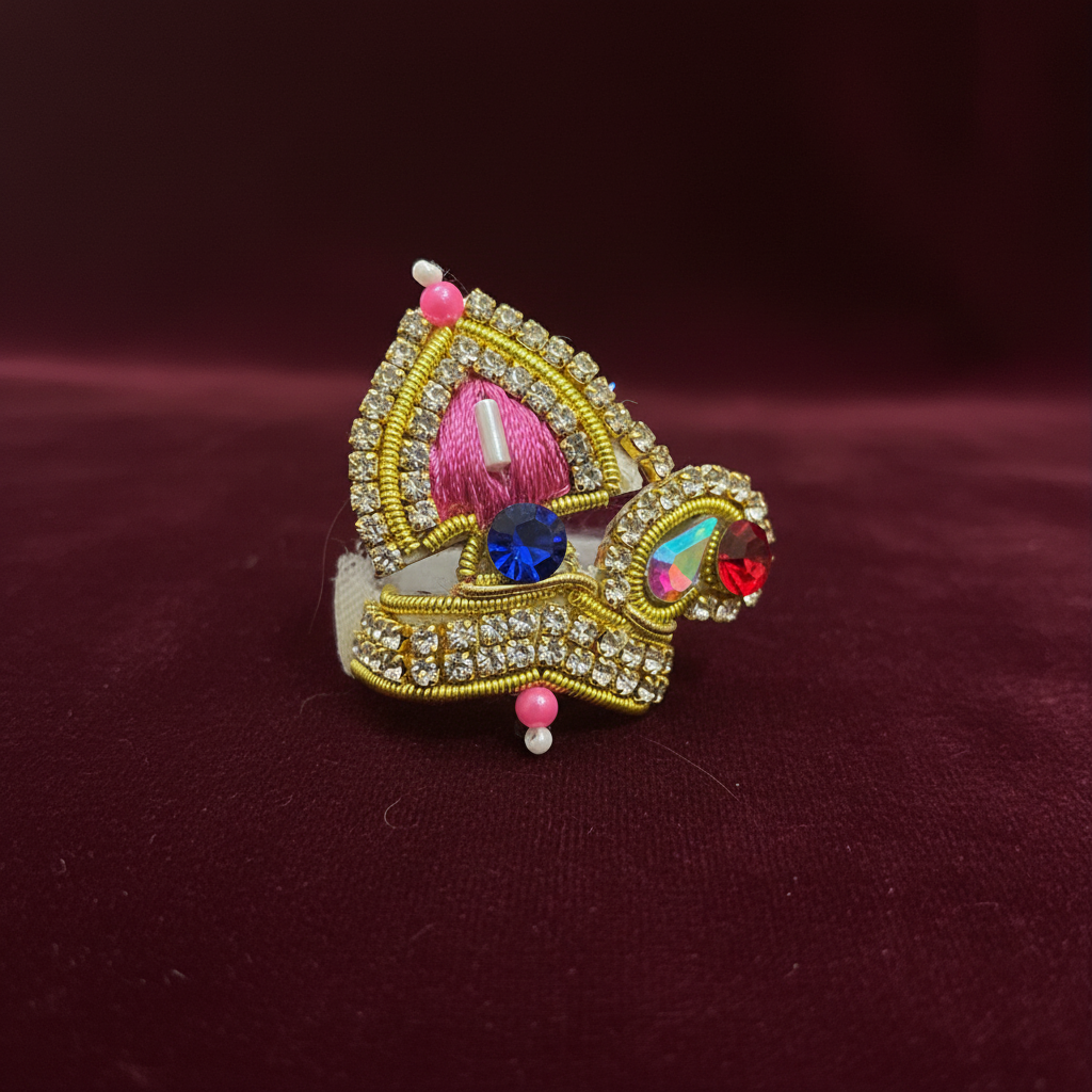 Royal Pink Crystal Ladoo Gopal Mukut | Elegant Krishna Crown