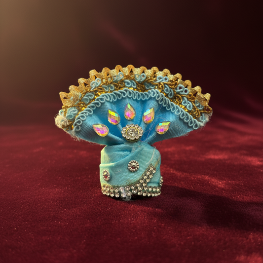 Premium Sky Blue Ladoo Gopal Ji Pagdi | Decorative Krishna Turban with Stones & Golden Lace