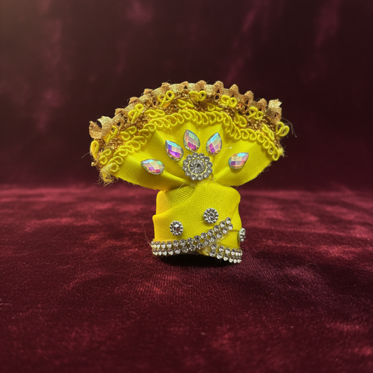 Premium Yellow Ladoo Gopal Ji Pagdi | Elegant Krishna Turban with Stones & Golden Lace