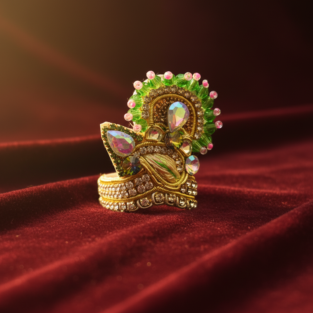 Royal Green Stone Ladoo Gopal Mukut | Premium Multicolor Krishna Crown