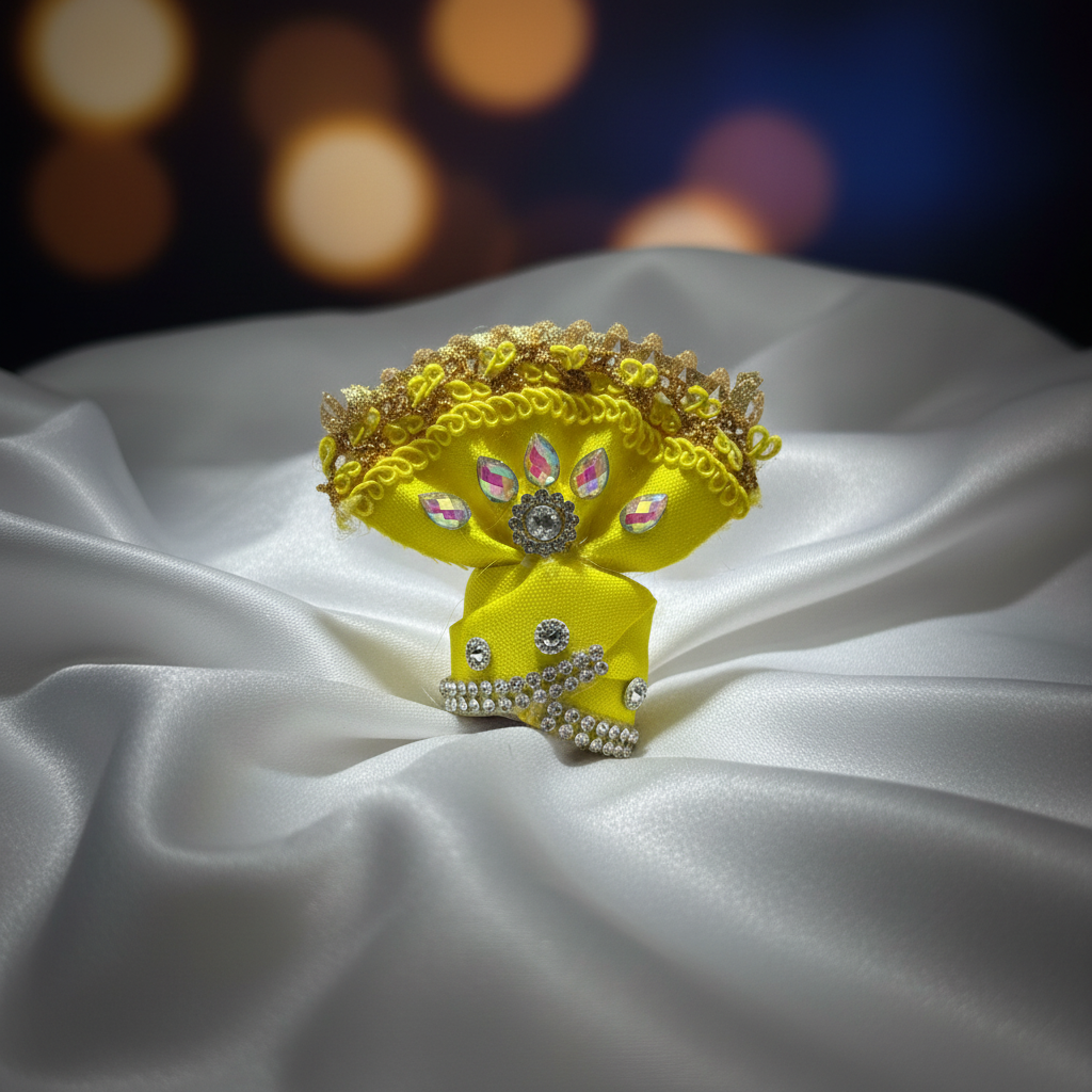 Premium Yellow Ladoo Gopal Ji Pagdi | Elegant Krishna Turban with Stones & Golden Lace
