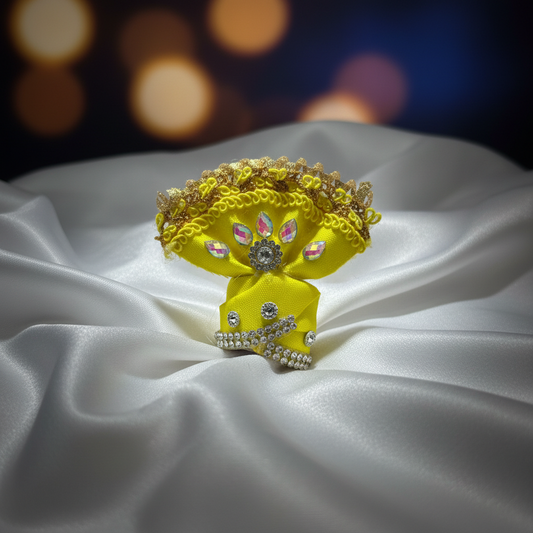 Premium Yellow Ladoo Gopal Ji Pagdi | Elegant Krishna Turban with Stones & Golden Lace