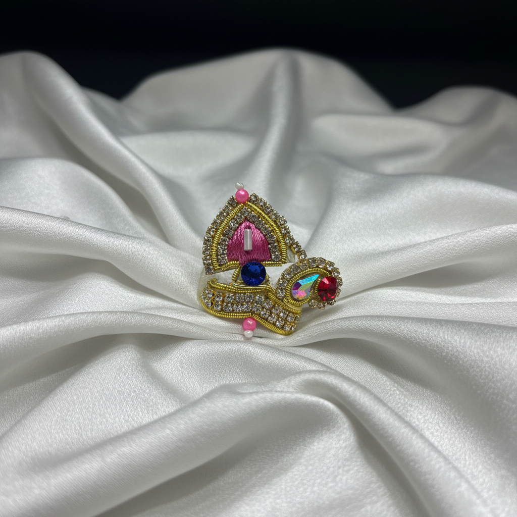 Royal Pink Crystal Ladoo Gopal Mukut | Elegant Krishna Crown