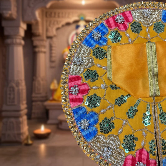 Yellow Multicolor Laddu Gopal Ji Summer Poshak – Floral Handwork Dress for Thakur Ji