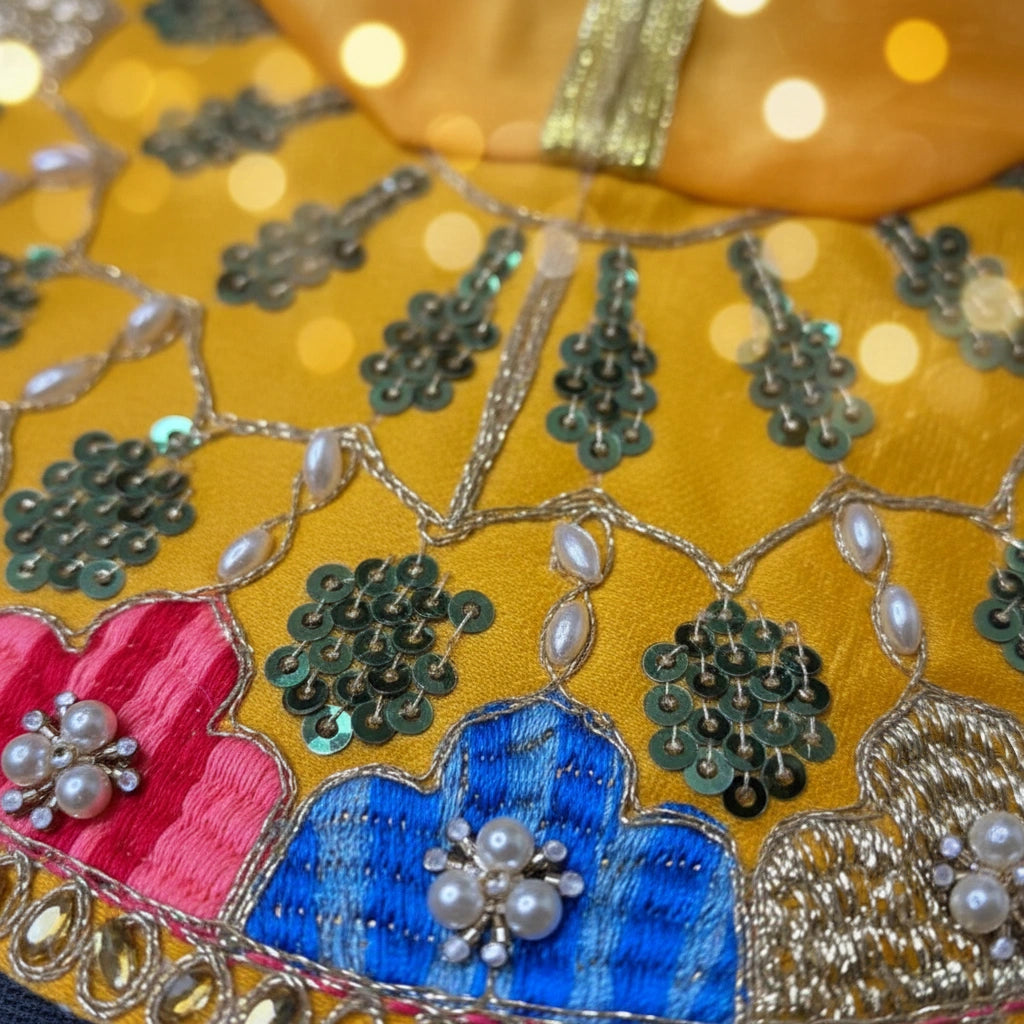 Yellow Multicolor Laddu Gopal Ji Summer Poshak – Floral Handwork Dress for Thakur Ji