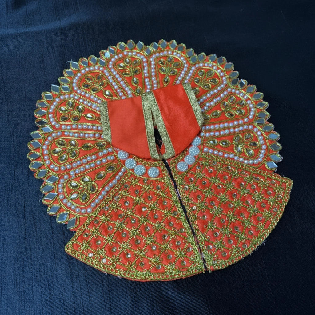 Orange Laddu Gopal Poshak with Heavy Zari, Pearl & Mirror Work