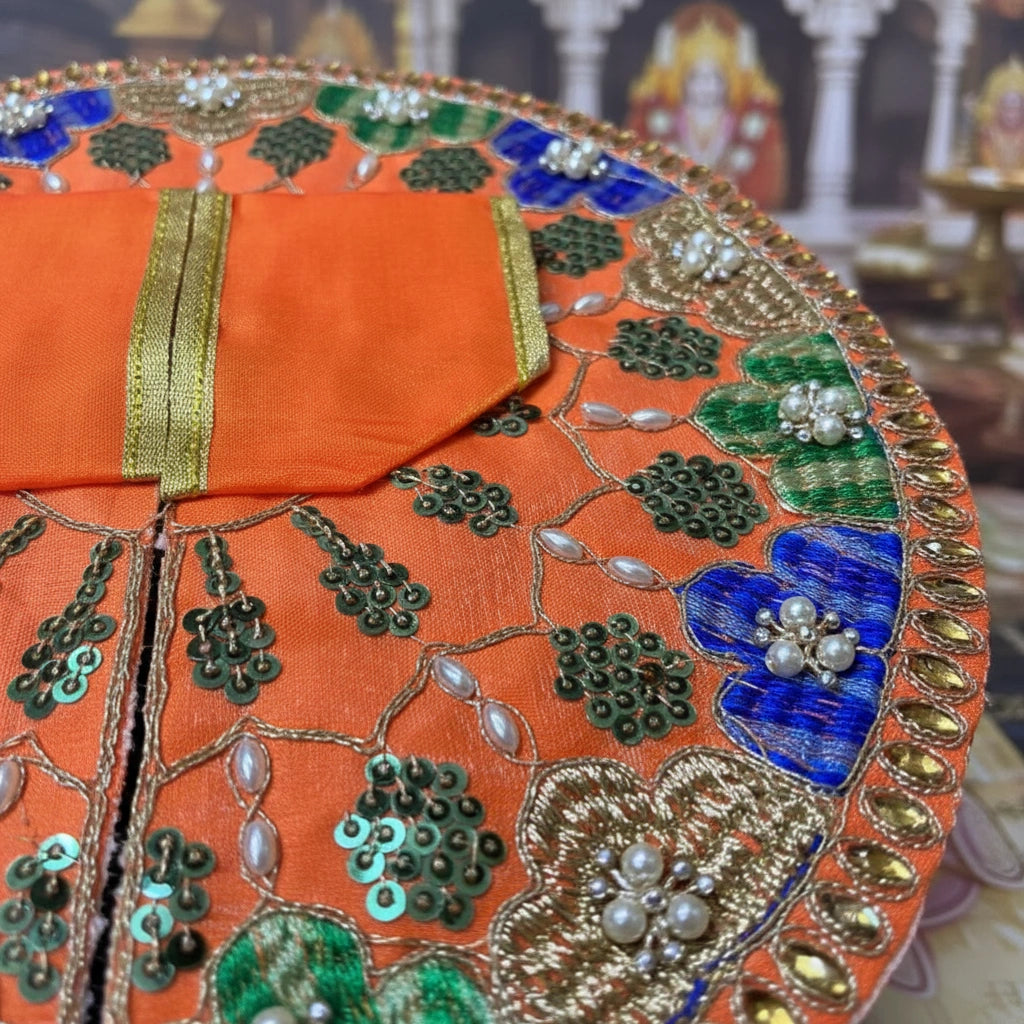 Orange Multicolor Laddu Gopal Ji Summer Poshak – Floral Zari Handwork Dress for Thakur Ji