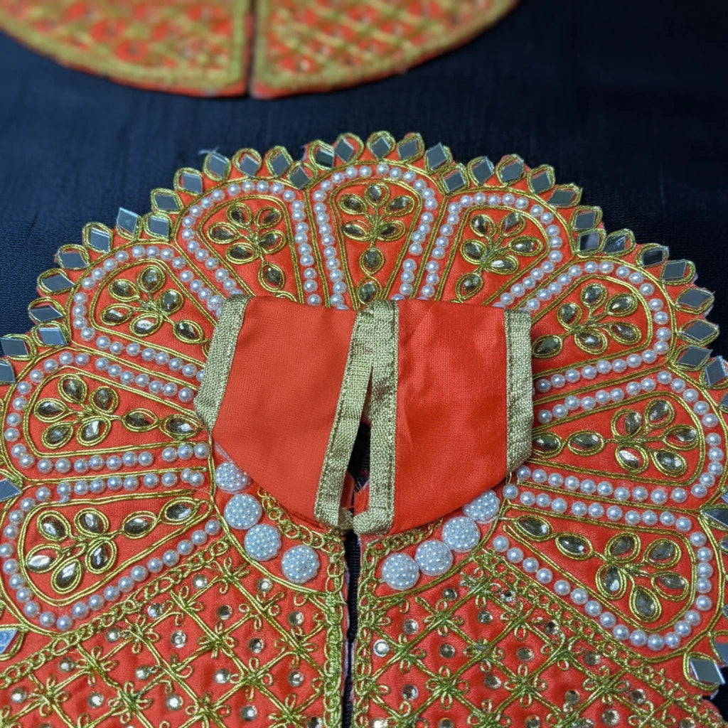 Orange Laddu Gopal Poshak with Heavy Zari, Pearl & Mirror Work