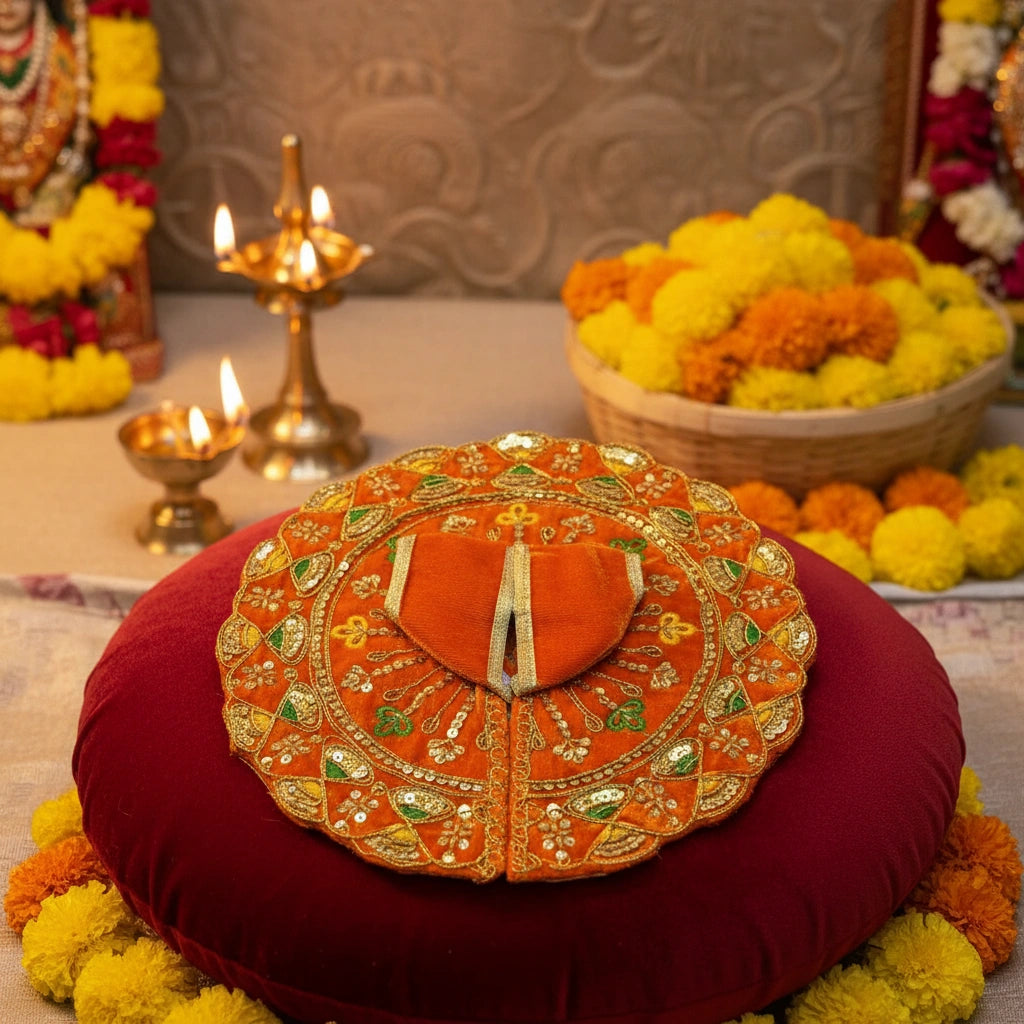 Orange (Kesariya) Heavy Sequin Work Laddu Gopal Poshak with Velvet Fabric | Designer Embroidered Dress