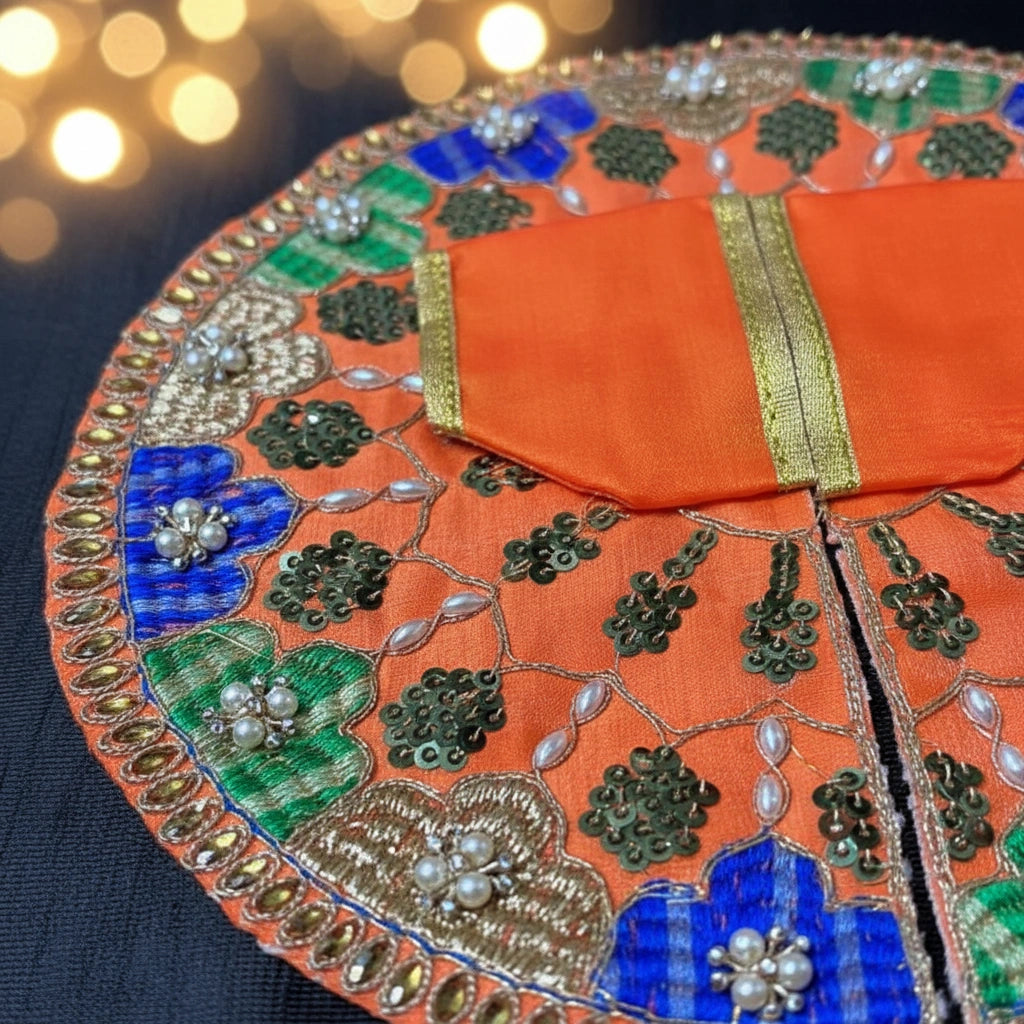 Orange Multicolor Laddu Gopal Ji Summer Poshak – Floral Zari Handwork Dress for Thakur Ji