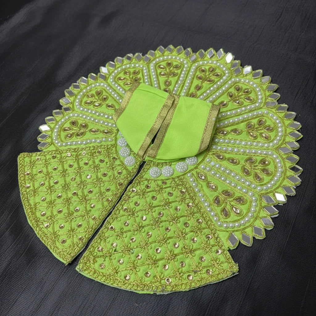 Green Laddu Gopal Poshak with Heavy Zari, Pearl & Mirror Work